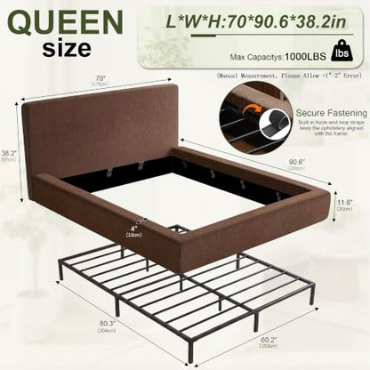 Queen Cloud Bed Frame with Headboard, No Box Spring Needed, Brown-Style A, view 3