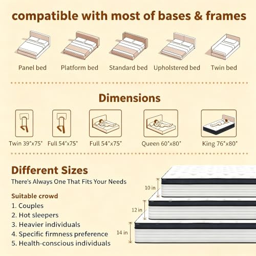 Queen Hybrid Mattress, 8/10/12/14 Inch Pocket Coil Gel Memory Foam, Medium‑Firm, view 8
