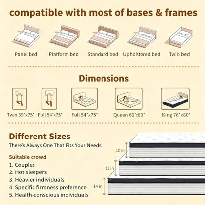Queen Hybrid Mattress, 8/10/12/14 Inch Pocket Coil Gel Memory Foam, Medium‑Firm, view 8