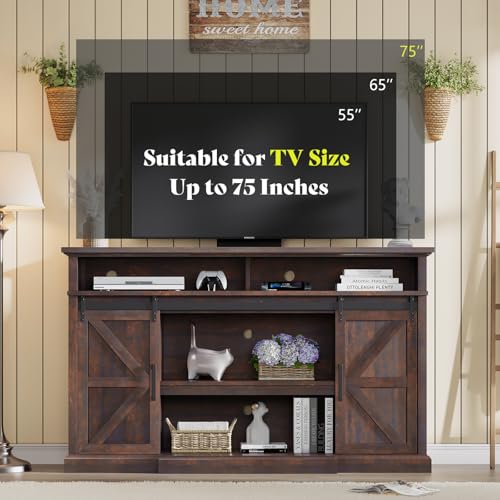 66" Farmhouse TV Stand for 75" TVs with Adjustable Shelves, Brown, view 4