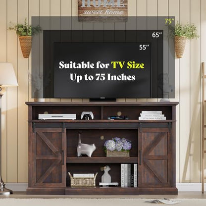 66" Farmhouse TV Stand for 75" TVs with Adjustable Shelves, Brown, view 4