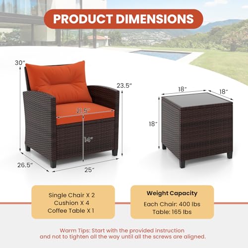 3 Pieces Patio Furniture Set, Outdoor Wicker Conversation Set Rattan Chairs with Cushions, Glass Coffee Table, Bistro Set for Front Porch Balcony Garden Deck Poolside (Orange)