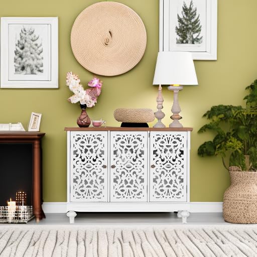 White Accent Cabinet with Doors, Farmhouse Credenza Cabinets for Living Room, Sideboard Buffet Cabinet with Storage