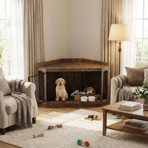 51.3 inch Corner Dog Crate Furniture, Wooden Dog Kennel Furniture with Mesh, view 8