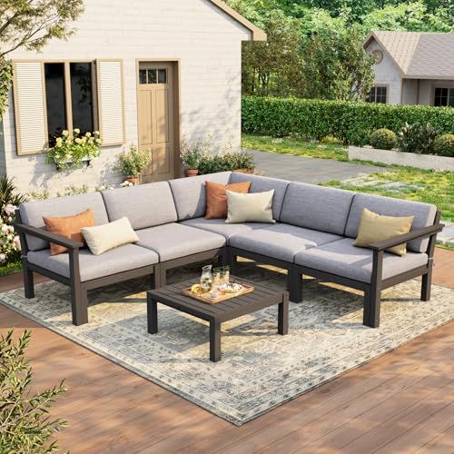6-Piece Patio Sectional Sofa Set, Modular Outdoor Furniture Set - All-Weather Waterproof HIPS Frame & Quick-Dry Olefin Cushions, Black