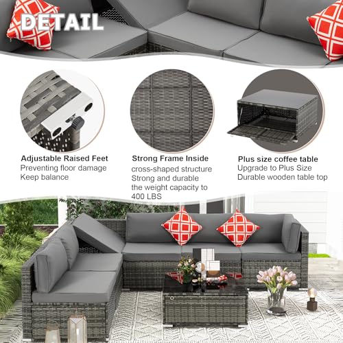 7 Piece Patio Furniture Set with Adjustable Bracket All-Weather Wicker Conversation Set with Coffee Table for Porch Garden Backyard (Gray)