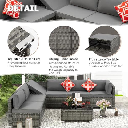 7 Piece Patio Furniture Set with Adjustable Bracket All-Weather Wicker Conversation Set with Coffee Table for Porch Garden Backyard (Gray)