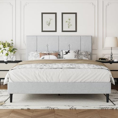 Queen Velvet Headboard Bed Frame Light Grey, view 2