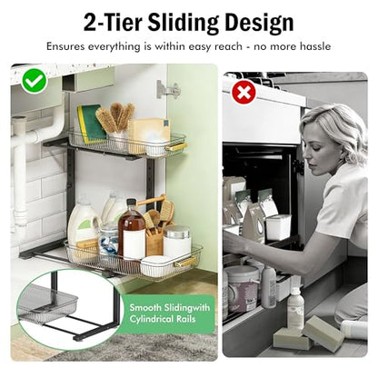 Under Sink Organizer - 2 Packs Multi-Purpose Pull-Out Storage Organizers, Slide out Pull out Cabinet Organizer Shelf, Storage for Kitchen Bathroom, Clear
