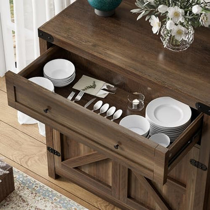 Coffee Bar Cabinet with Storage,Sideboard Buffet Cabinet with 1 Drawer and 2 Barn Doors,Kitchen Storage Cabinet for Kitchen, Living Room, Entryway (Brown)