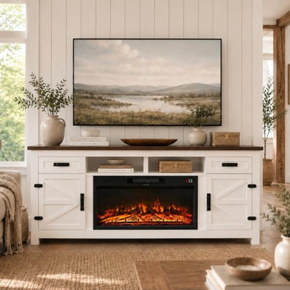 Farmhouse Fireplace TV Stand with Barn Door, 80 inch, White, view 2