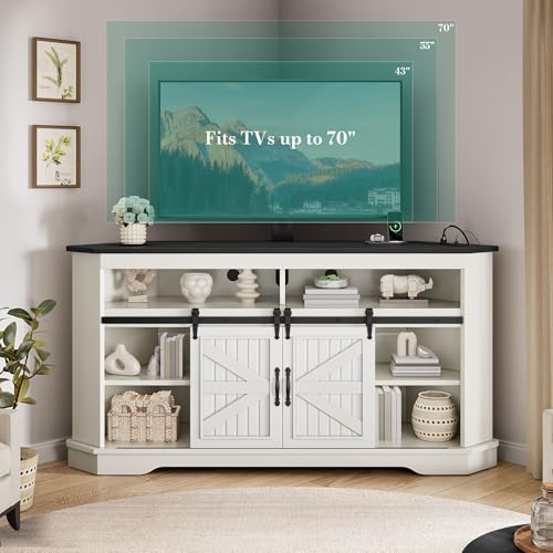 63" Corner Farmhouse TV Stand with Barn Door, Mount, White Black, view 4