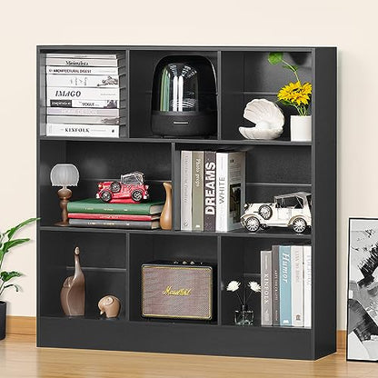 Black Wide Bookshelf,3 Tier Modern Horizontal Bookcase,Wood Low Bookshelves Display Storage Cabinet with Base,Floor Standing 8 Cube Large Bookcases Organizer for Bedroom,Living Room,Office