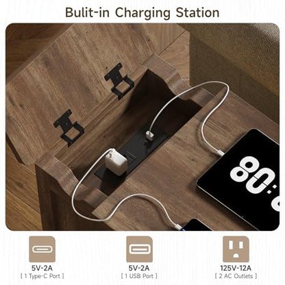 End Table with Charging Station, Narrow Side Table for Living Room, Farmhouse Night Stand with Drawer and Storage Cabinet, Wooden Bedside Table for Small Spaces Living Room, Glass Door (Brown)