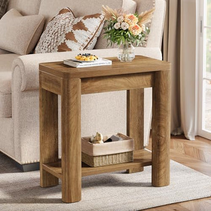 Tribesigns End Table for Living Room, Farmhouse Wooden Side Table with Storage Shelf, Small Narrow Bedside Accent Furniture for Bedroom (Brown, 1PC)