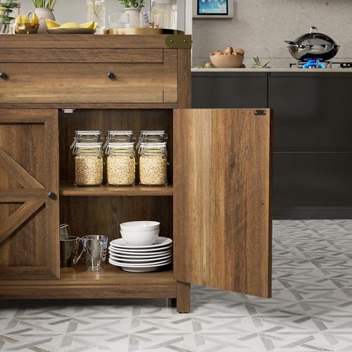 Coffee Bar Cabinet Farmhouse Kitchen Sideboard Buffet Cabinet with Drawer and Adjustable Shelf Barn Door Storage for Kitchen, Dining Room, Bathroom, Entryway (Brown)