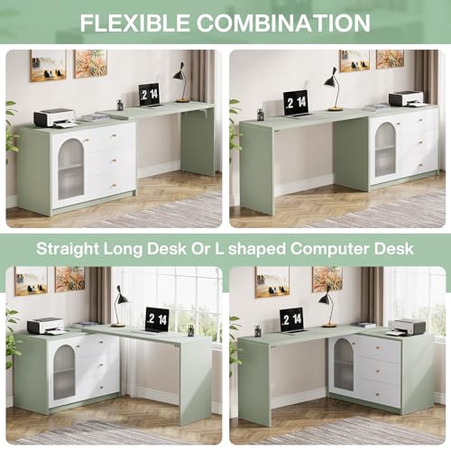 Tribesigns L-Shaped Computer Desk with Drawers, Modern Corner Home Office Desk with Reversible Storage Cabinet, Long Study Writing Desk Workstation for Home Office, Cyan & White