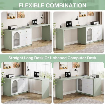 Tribesigns L-Shaped Computer Desk with Drawers, Modern Corner Home Office Desk with Reversible Storage Cabinet, Long Study Writing Desk Workstation for Home Office, Cyan & White