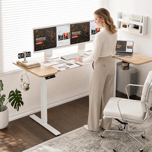 L Shaped Electric Standing Desk,59x40 Reversible,Oak, view 3