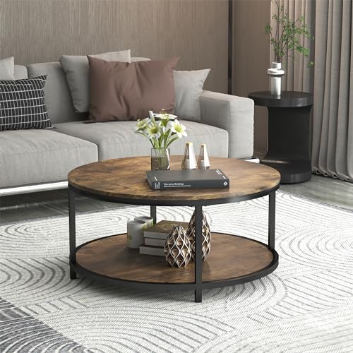 36 inches Round Coffee Table, Rustic Wooden Surface Top & Sturdy Metal Legs Industrial Sofa Table for Living Room Modern Design Home Furniture with Storage Open Shelf (Brown)