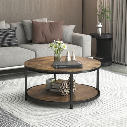 36 inches Round Coffee Table, Rustic Wooden Surface Top & Sturdy Metal Legs Industrial Sofa Table for Living Room Modern Design Home Furniture with Storage Open Shelf (Brown)
