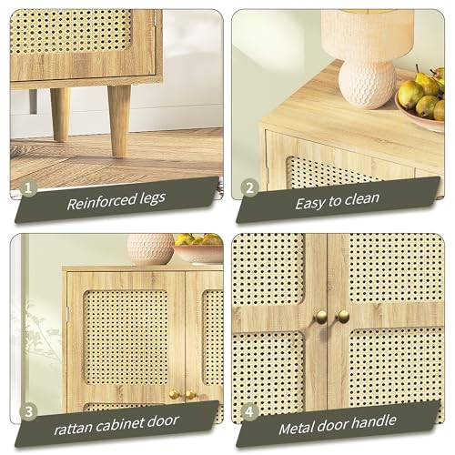 Rattan Sideboard Buffet Cabinet with Storage,Boho Credenza Accent Cabinet with 2 Magnetic Doors and Adjustable Shelves and Solid Wood Legs for Dining Room, Entryway, 31.5" x 15.8" x 34.6"