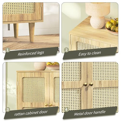 Rattan Sideboard Buffet Cabinet with Storage,Boho Credenza Accent Cabinet with 2 Magnetic Doors and Adjustable Shelves and Solid Wood Legs for Dining Room, Entryway, 31.5" x 15.8" x 34.6"
