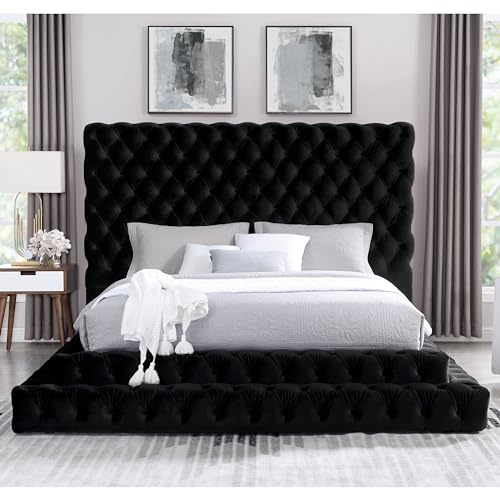 Black Sable fabric step-up bed with oversized headboard and button tufting, view 3