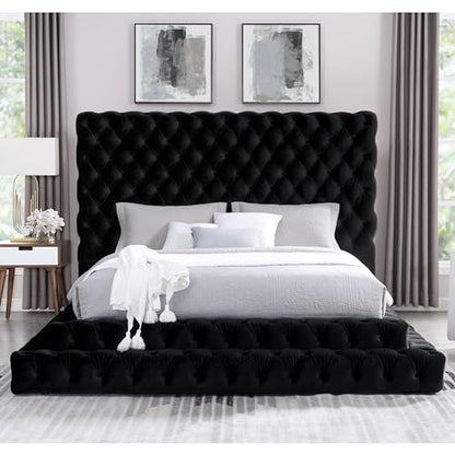 Black Sable fabric step-up bed with oversized headboard and button tufting, view 3