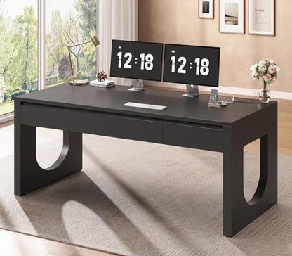55" Modern Executive Office Desk with 3 Drawers, Black, view 7