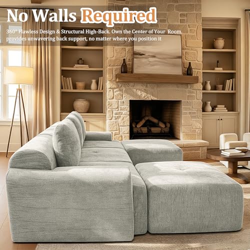 159" Oversized Boneless Couch, Comfort Cloud Sectional Couches for Living Room, Modular Sofa High Back & Extra Deep Seat, No Assembly, Soft Chenille Fabric (Light Grey, 159 inch-（4+4）)