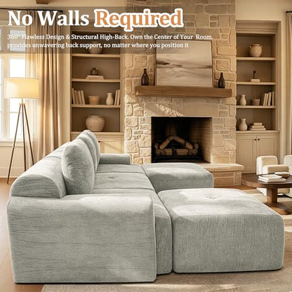 159" Oversized Boneless Couch, Comfort Cloud Sectional Couches for Living Room, Modular Sofa High Back & Extra Deep Seat, No Assembly, Soft Chenille Fabric (Light Grey, 159 inch-（4+4）)