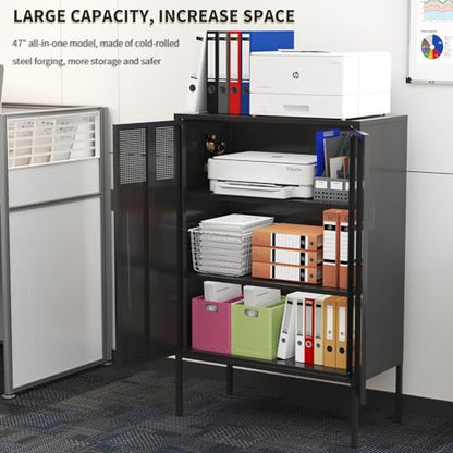 Black Metal Storage Cabinet with 2 Doors - 47''H Locker Cabinet, 3 Tier Locker Door with Adjustable Shelves,Metal Sideboard for Home, Living Room,Office Kitchen and Bathroom