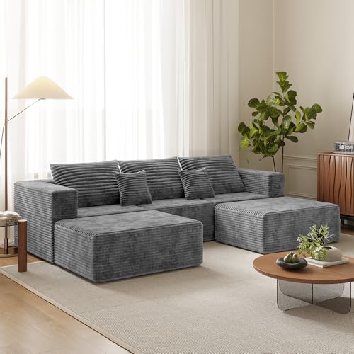 110" U Shaped Sectional Sofa with 2 Ottomans, Modular Corduroy Boneless Cloud Couch, Oversized Deep Seat Sofa for Living Room, Flexible Combination Design, No Assembly Required