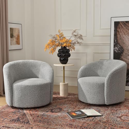34" W Swivel Barrel Chair Set of 2, Mid Century Modern Round Upholstered Boucle Swivel Accent Chairs, No Assembly Sofa Chair for Living Room Bedroom Reading, Black White