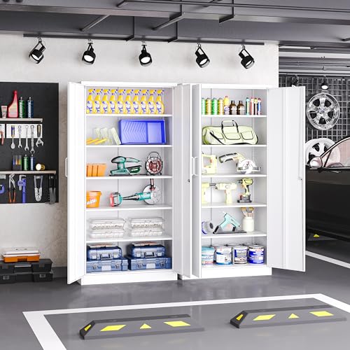 Metal Storage Cabinet with Lock,Tall White File Cabinet with 2 Doors and 5 Adjustable Shelves,Steel Storage Cabinets for Garage,Home Office,Pantry,School,Hospital