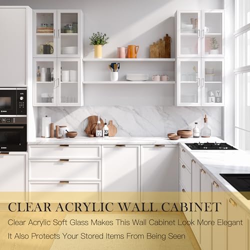 48" Kitchen Wall Cabinets 4 Doors - Laundry Upper Wall Amount Storage Cabinets with Acrylic Soft Glass Doors, in White, One Set of 2 Pieces