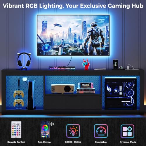 70" Black Gaming TV Stand with LED Lights & Power Outlet, view 5