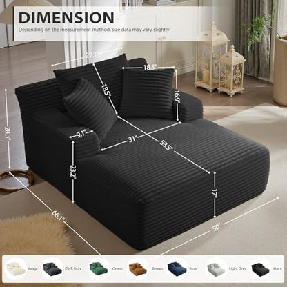Oversized Black Corduroy Chaise Lounge with Armrests and Pillows, view 3