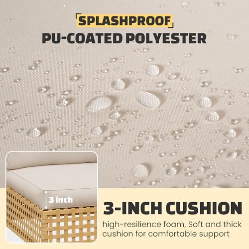 7-Piece Wicker Outdoor Patio Furniture Set, Modular Rattan Outdoor Furniture, Patio Conversation Sets, Handmade Rattan, Water Resistant Fluffy Cushions and Coffee Table, Beige