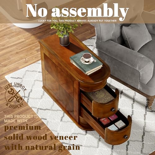 Wood End Table with 2 Drawers, No Assembly Required Narrow Sofa Side Table for Living Room, Vintage Slim Nightstand Bedside Table for Bedroom (2 Drawers, Brown, 2 Pcs)