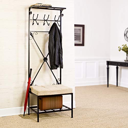 Dovanti Entryway Storage Rack & Bench Seat - Transitional Design, Black Metal - Ideal for Entryway, Mudroom (HP3191)