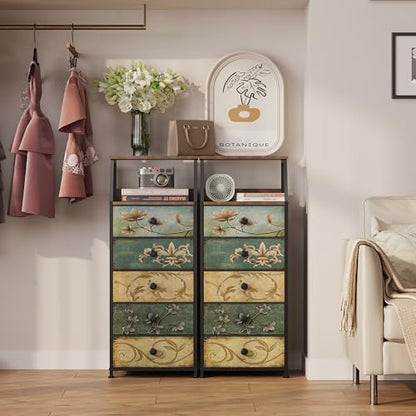 Nightstand with Fabric Drawers Dresser with 2 Tier Shelf Storage Tower for Bedroom Hallway Entryway Closet Organizer Sofa Beside Table Furniture (Multi, 5 Drawers)