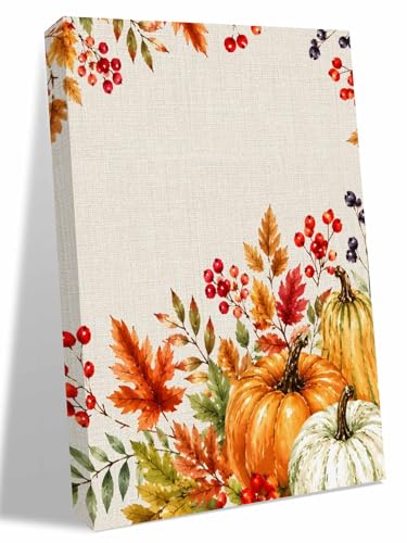 NuYeBiofx Thanksgiving Harvest Pumpkin Canvas Wall Art Prints,30"x20" Framed Picture Artwork Fall Maple Leaf Berries Printed Canvas Oil Painting for Living Room Bedroom Office,Ready to Hang