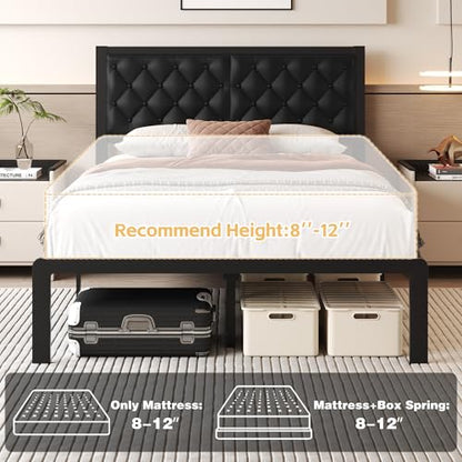Full Bed Frame with Headboard PU Leather Upholstered Bed Frame Platform, view 8