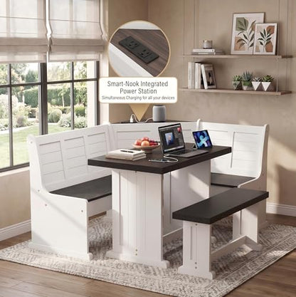 Corner Breakfast Nook Dining Set with Storage, L-Shape Kitchen Table with 2 AC Outlets, Space-Saving Bench Seats 5, Scratch & Heat Resistant