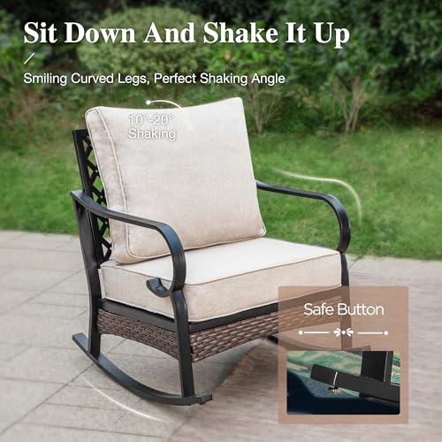 Patio Rocking Chairs Set of 2 with Thick Cushions, High Back Metal Outdoor Rockers, All Weather Garden Furniture for Backyard, Deck, Lawn, Beige