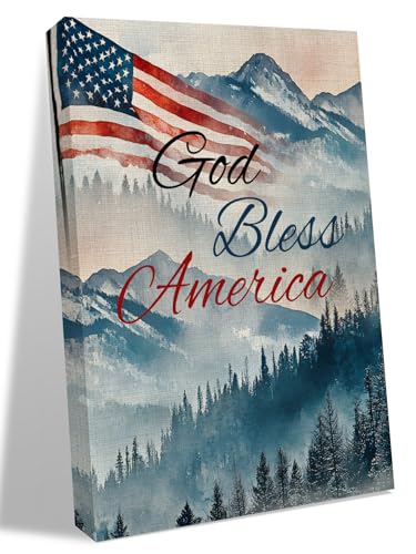 NuYeBiofx God Bless American Usa Flag Canvas Wall Art Prints,48"x32" Framed Picture Artwork Mountain Forest Tree Printed Canvas Oil Painting for Living Room Bedroom Office,Ready to Hang