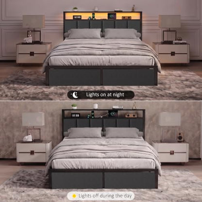 Queen Bed Frame with Storage Drawers, Charging Station and LED Lights, view 8