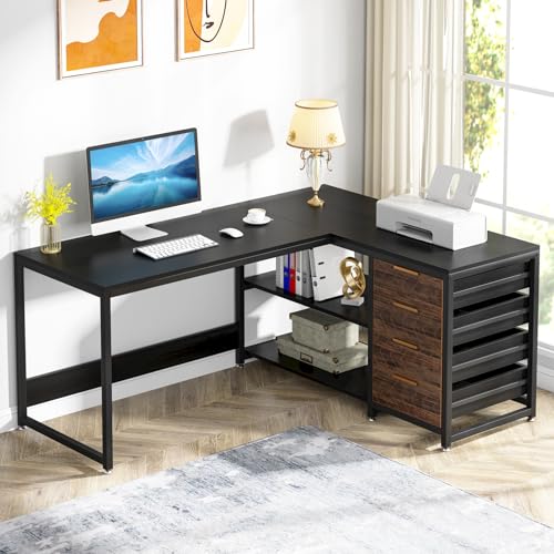 59-Inch L Shaped Desk with Drawers, Large Computer Desk with Storage Shelves, Reversible L-Shaped Corner Desk Workstation for Home Office